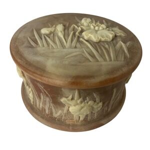 Vintage Brown Cameo Incolay Stone Iris Floral Jewelry Keepsake Box Round USA